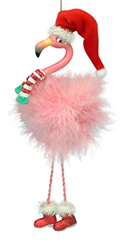Pink Flamingo Christmas Ornament with Santa Hat & Feathers - Hand Painted Holiday Decor