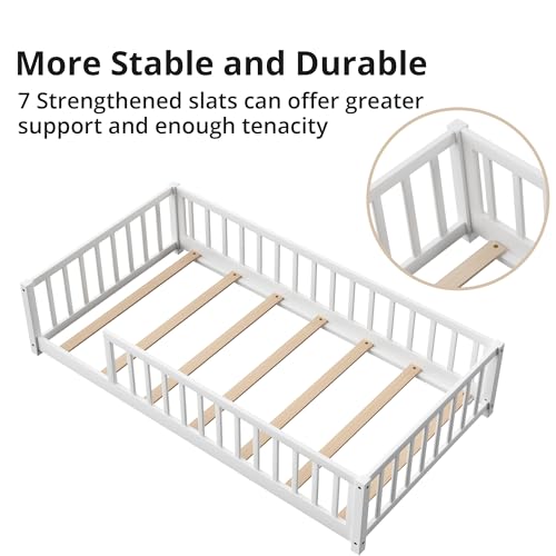 Twin Size Montessori Floor Bed with Safety Guardrails, Solid Wood Frame