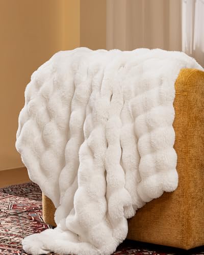 Ultra Soft Faux Fur Bubble Throw Blanket for Couch & Bed - 50x60 Cream White