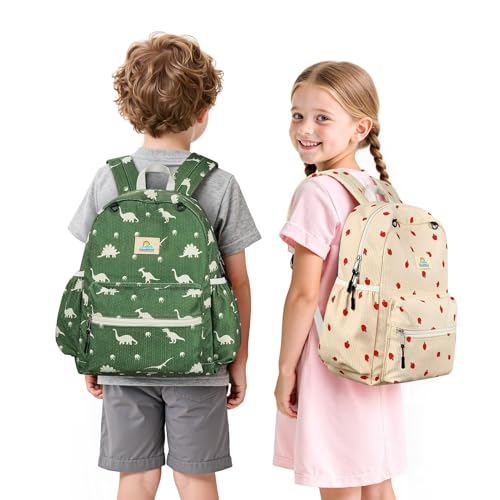 STEAMEDBUN Corduroy Kids Backpack for Boys and Girls 5-8 Dinosaur 15 Inch