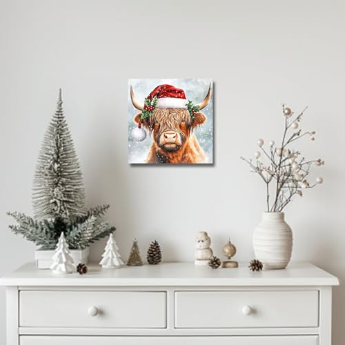 SWQYLB Christmas Highland Cow Canvas Wall Art 24x24 White Framed Farmhouse Decor