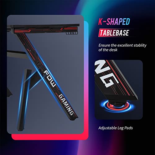 47-Inch R-Shaped Gaming Desk with Carbon Fiber Texture and Cup Holder