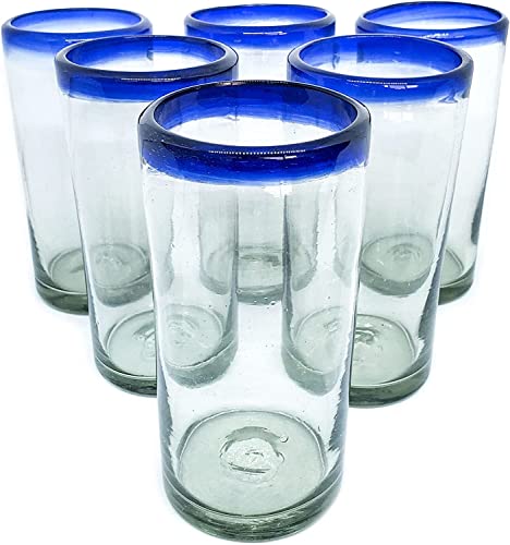 Handblown 20 oz Iced Tea Glasses with Cobalt Blue Rim, Set of 6