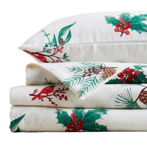 Market & Place Alpine Collection 100% Turkish Cotton Flannel Sheet Set (Full) with Cardinal & Pine – 4-Piece Deep Pocket