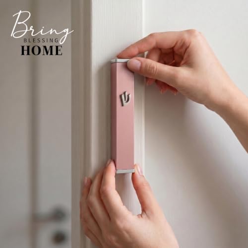 3.8 Inch Pink Aluminum Mezuzah Case with Scroll, Self-Stick Door Holder
