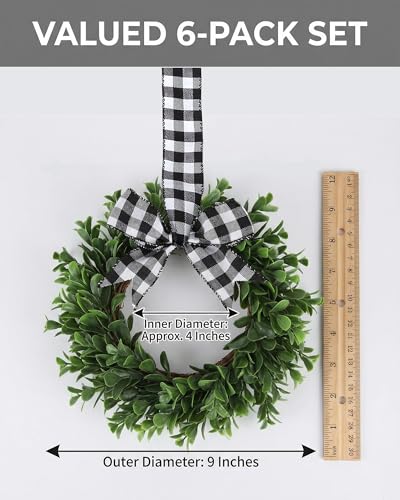 Green Mini Artificial Boxwood Wreaths Set of 6, 9-Inch Farmhouse Decor