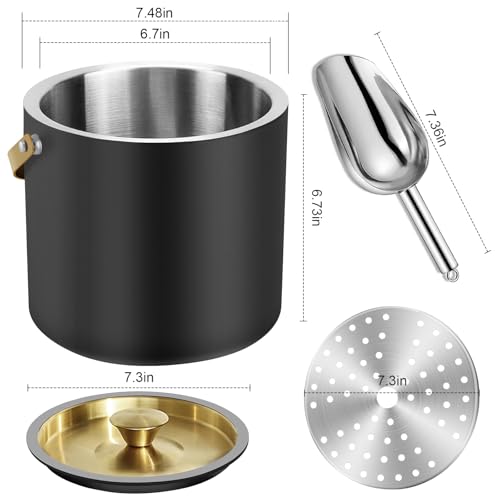 Insulated Stainless Steel Ice Bucket with Lid & Scoop, 3.2L (Black)