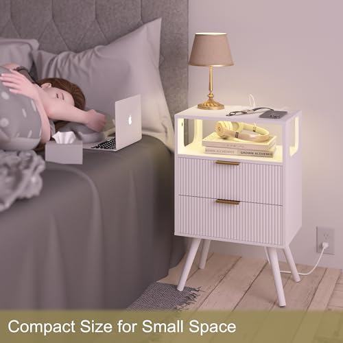 Modern White Nightstand with Charging Station, 2 Drawers and LED Lights