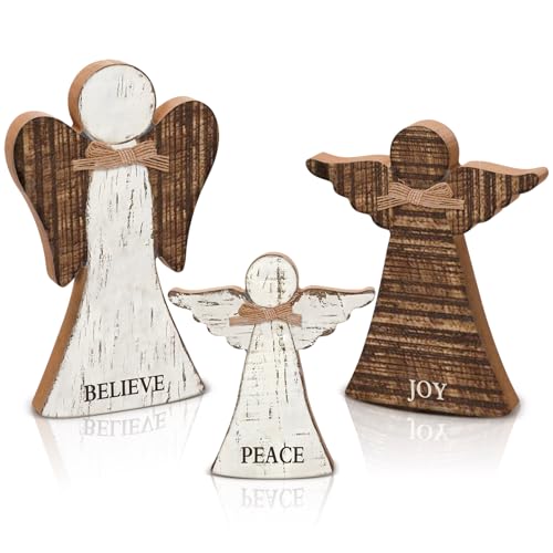 Christmas Angel Table Decor Set - Wooden Farmhouse Ornaments, 3 Pieces