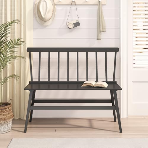 Farmhouse Spindle Back Dining Bench - Durable Black Rubber Wood Seating