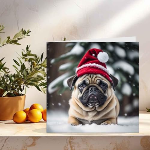 Pug Christmas Card - Cute Dog Holiday Greeting Card 145x145mm