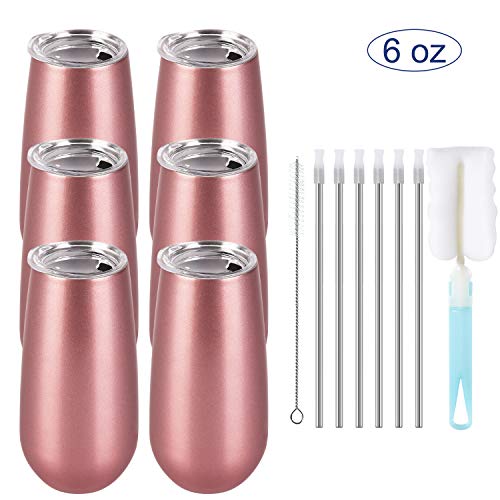Lifecapido Rose Gold 6-Pack Stemless Double Insulated Champagne Flute Tumblers, 6 Oz, Unbreakable & Reusable Gift Set