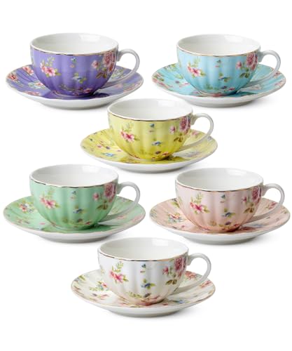 Pastel Blooms Floral Porcelain Tea Cups Set of 6 – Rose Teacups for Tea Party