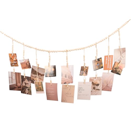 Boho Wooden Bead Hanging Photo Display with 18 Clips - 43-Inch Wall Garland
