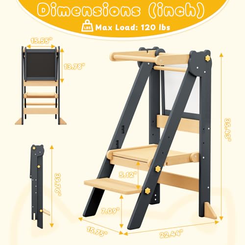 Foldable Toddler Learning Tower with Blackboard and Adjustable Height