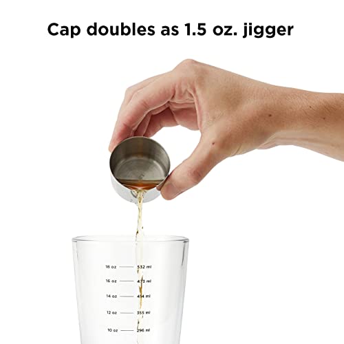 Rabbit 18 oz Glass Cocktail Shaker with Printed Measurements, Stainless Steel Topper & 1.5 oz Jigger Cap, 3.94 x 3.54 x 9.06 inches