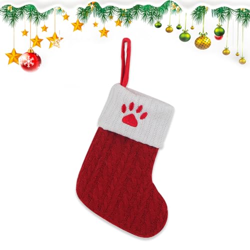 Mini Red Knit Christmas Stocking with Dog Paw Embroidery - 7 Inch
