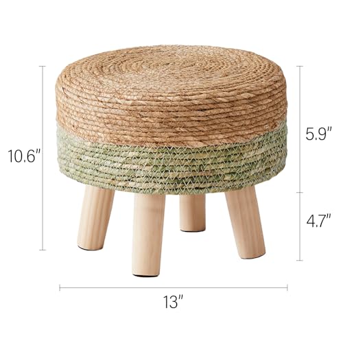 Round Hand-Woven Seagrass Ottoman with Pine Legs - Natural Footstool