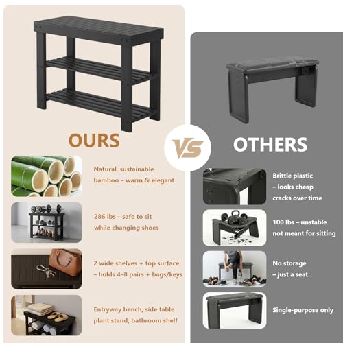 3-Tier Bamboo Shoe Rack Bench, 27-Inch Entryway Storage Organizer