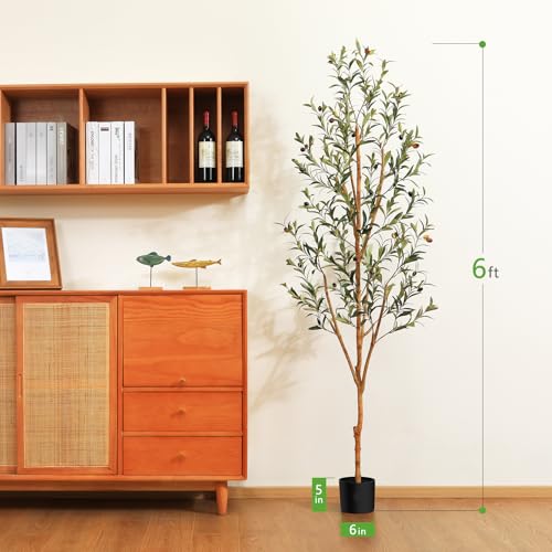 6FT Artificial Olive Tree with Real Wood Trunk & Silk Leaves
