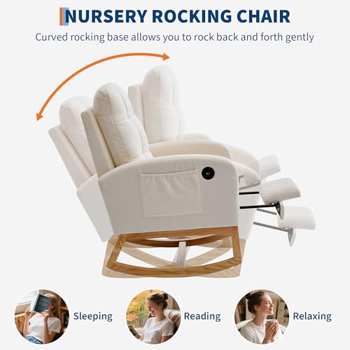 Modern Nursery Rocking Chair with Glider, Footrest, and USB Port - Beige