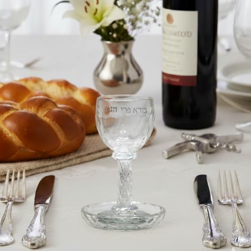 Glass Kiddush Cup with Tray - 6.4 Inch Ceremonial Wine Goblet