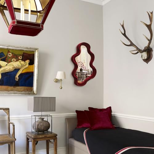 Wine Red Wavy Wall Mirror, 16x10" Flocked Cloud Decorative Mirror