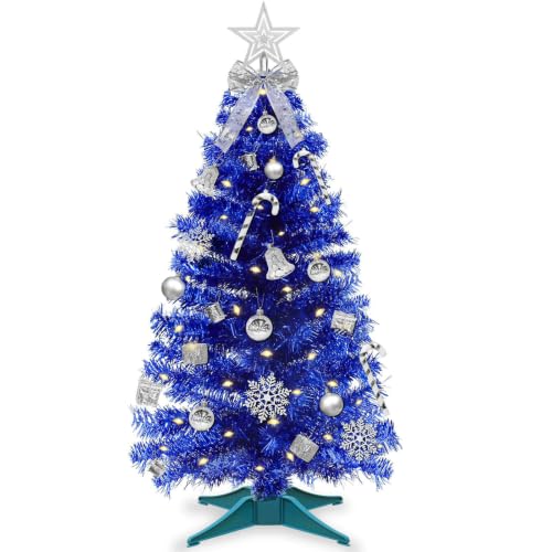 Blue 3Ft Christmas Tree with Ornaments & Warm White Lights - Hanukkah Decor with Timer