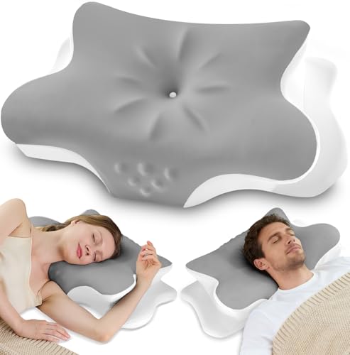 VJASD Grey Queen Cervical Neck Pillow for Pain Relief - Orthopedic Memory Foam with Cooling Cover