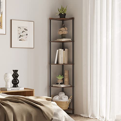 5-Tier Industrial Corner Shelf, 65-Inch Tall Corner Bookshelf for Small Spaces