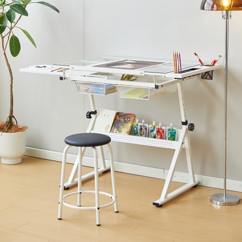 Adjustable Drafting Table with Stool, Tilting Glass Top Art Desk for Drawing