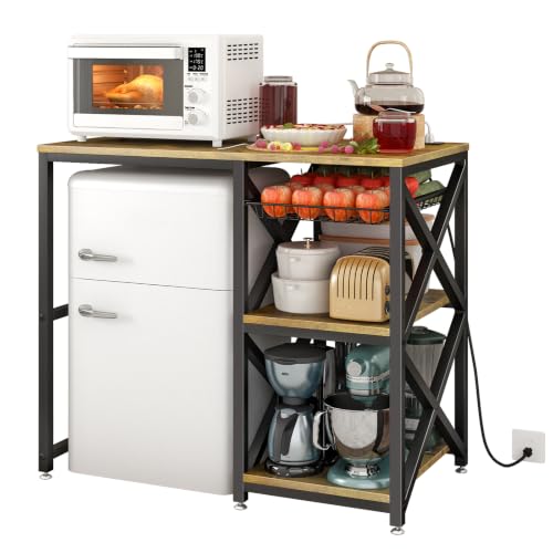 Mini Fridge Stand with Power Outlets and Adjustable Shelves, Brown