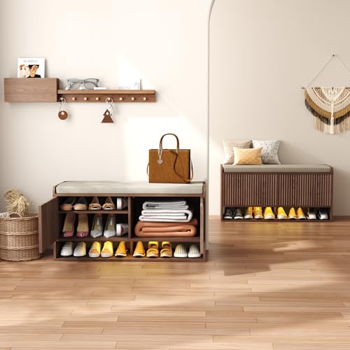 39-inch Fluted Shoe Storage Bench with Linen Seat, LED Light & Adjustable Shelf