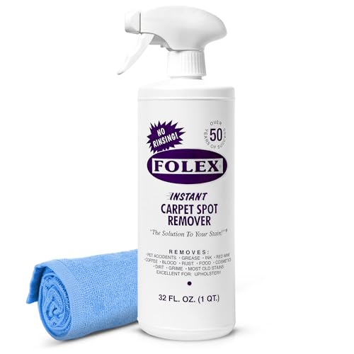 FOLEX Instant Carpet Spot Remover 32 oz ? Powerful Stain Remover for Carpets, Upholstery & Rugs ? Eliminates Pet Stains, Grease, Red Wine, Food, Makeup & More ? With Reusable Cleaning Cloth ? 1 Pack