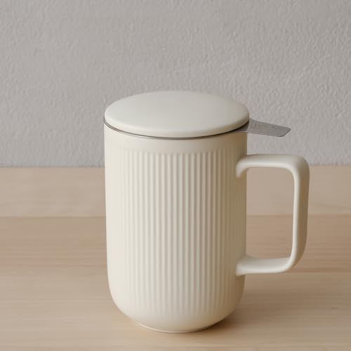 WENSHUO 20 oz Matte Crème Ceramic Tea Infuser Mug with Lid & Fine Mesh Filter