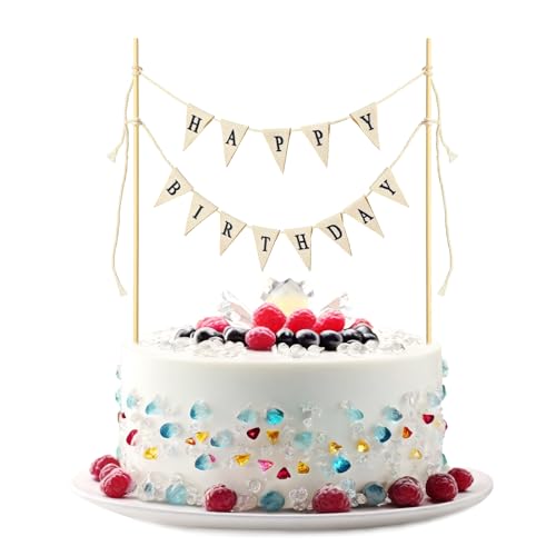 Happy Birthday Cake Topper Bunting Banner with Wooden Poles, Beige