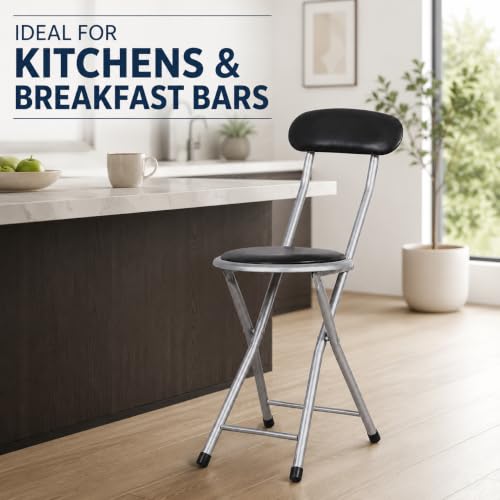Padded Folding Stool with Backrest, Space-Saving Metal Chair for Home