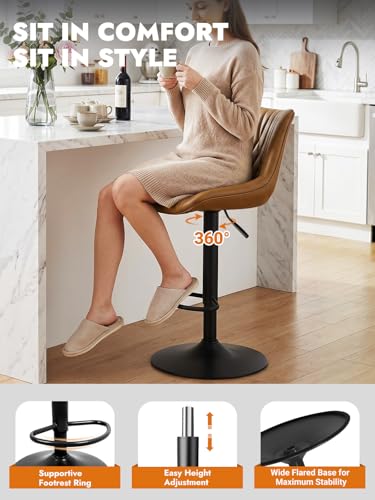 Adjustable Swivel Bar Stools Set of 2, Upholstered Faux Leather Counter Chairs