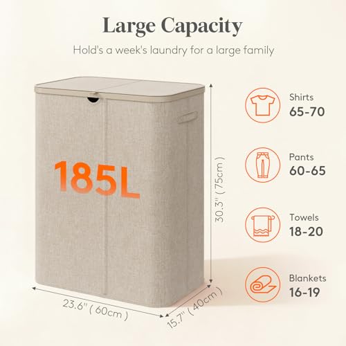 185L 3-Section Laundry Hamper with Lid, Foldable Clothes Sorter Basket