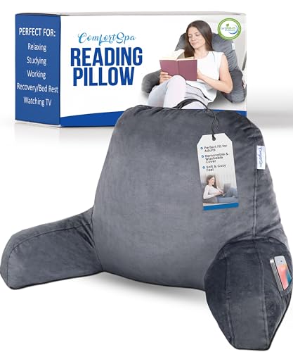 Deluxe Reading Pillow with Arms and Pockets for Bed - Large Grey
