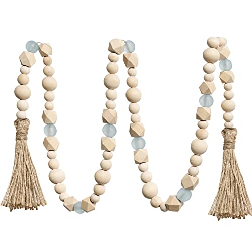 52-Inch Wood Bead Garland with Tassels, Coastal Beach Farmhouse Decor