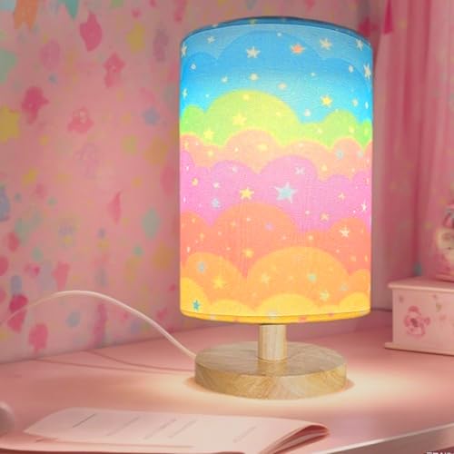 Rainbow Kids Table Lamp with Dimmable Wooden Base and Fabric Shade