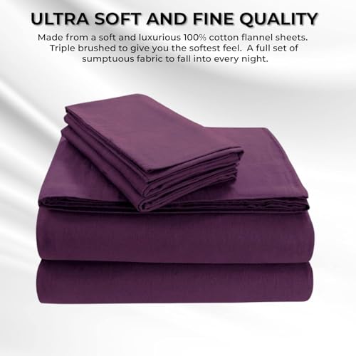 Tribeca Living Cal King Cotton Flannel Flat Sheet Only 170-GSM - Oversized 112 x 106 Inch Dimensions for Generous Bed Coverage - Soft Breathable Bedding in Purple