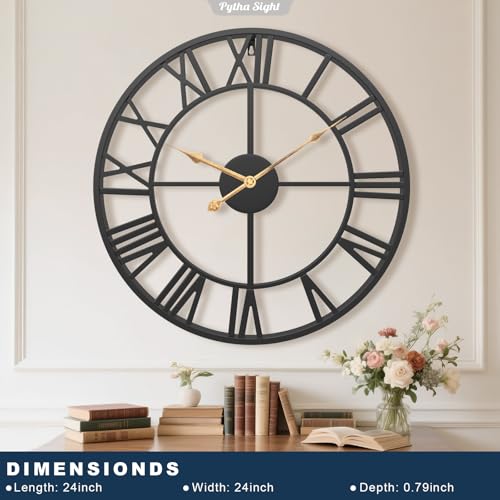 24-Inch Large Metal Wall Clock - Modern Roman Numeral Decor for Living Room