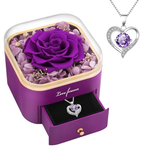 Preserved Real Purple Rose with Heart Necklace Jewelry Box Gift Set