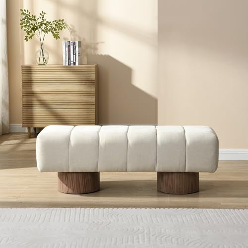 50-inch Upholstered Dining Bench, Light Beige Chenille Ottoman Seating