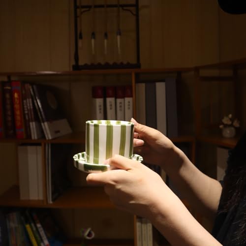 Green 8oz Ceramic Coffee Mug with Saucer – Hand-Painted Striped Espresso Cup