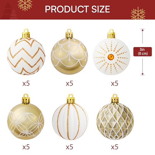 Christmas Tree Ornaments Set - 30 Shatterproof Gold & White Balls for Holiday Decor