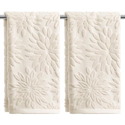 3D Dahlia Floral Jacquard Hand Towels, 100% Cotton Absorbent Set of 2
