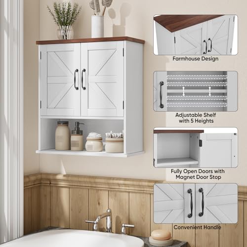 Small White Bathroom Wall Cabinet with Barn Doors - Farmhouse Style, Adjustable Shelf, Waterproof Storage